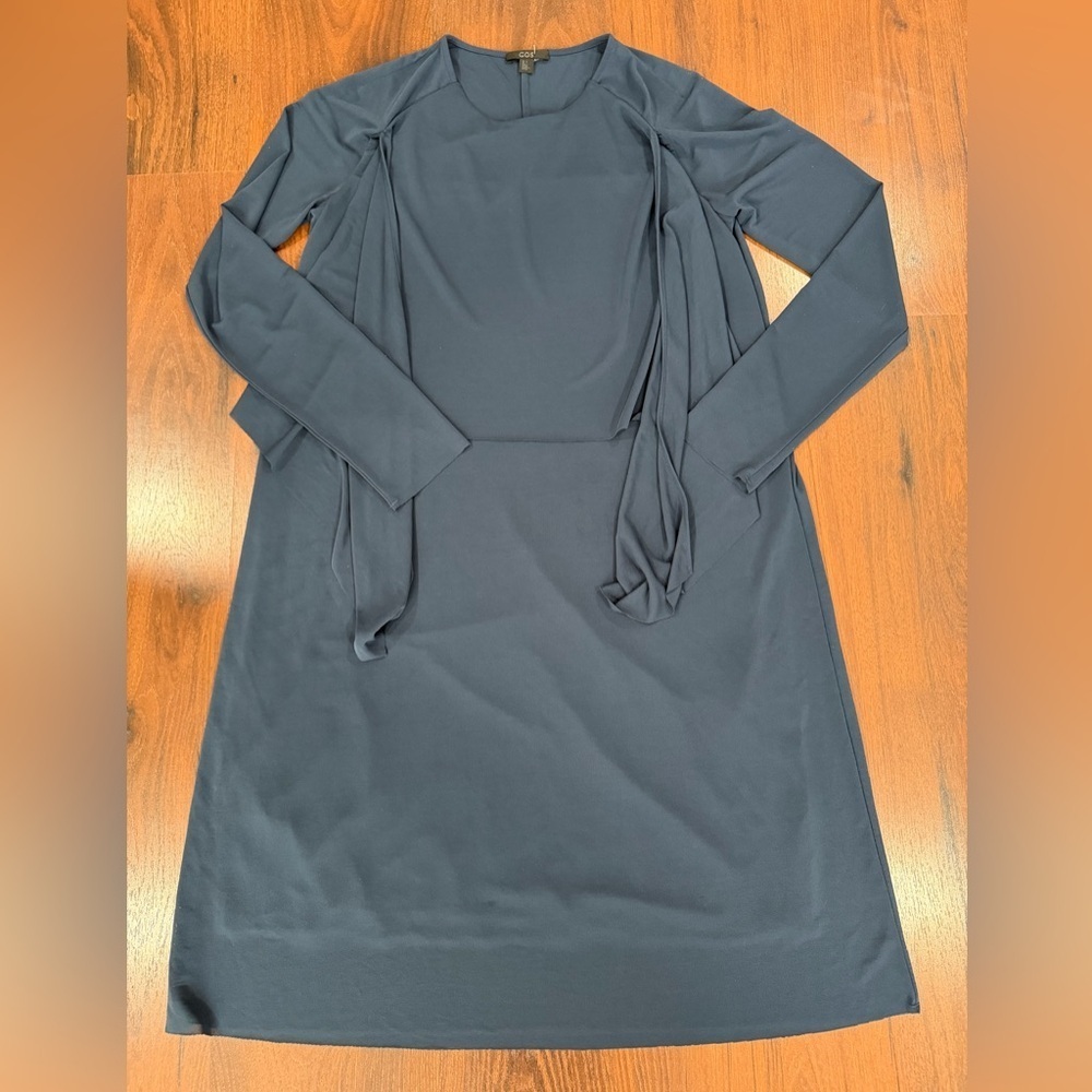 COS long-sleeved navy blue dress Sz Small mesh sleeves knee length